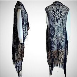 CREAM Black Mesh Fringed Lace Coverup OS